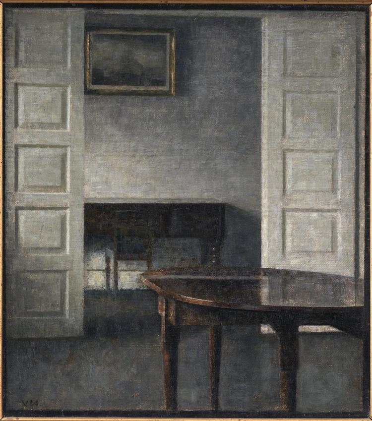 Vilhelm Hammershøi, 'Stue. Fløjdørene står åbne ind til et bagved liggende værelse med et lukket klaver', 1911. Pressefoto:  Statens Museum for Kunst