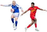 Alexander Petræus, Fremad Amager, og Mario Dorgeles, FC Nordsjælland, i duel i en pokal-kamp i Sundby Idrætspark i 2024.  Foto: Tobias Jørgensen 
