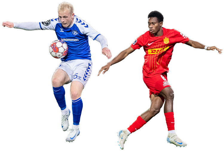 Alexander Petræus, Fremad Amager, og Mario Dorgeles, FC Nordsjælland, i duel i en pokal-kamp i Sundby Idrætspark i 2024.  Foto: Tobias Jørgensen 