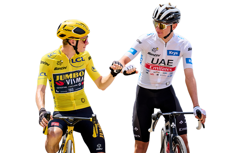 Hvem vinder Tour de France i år? Jonas Vingegaard  eller Tadej Pogačar? Det er det store spørgsmål. Her ses de to rivaler i 2023 på 19. etape fra Moirans-en-Montagne til Poligny. Foto: Claus Bonnerup
