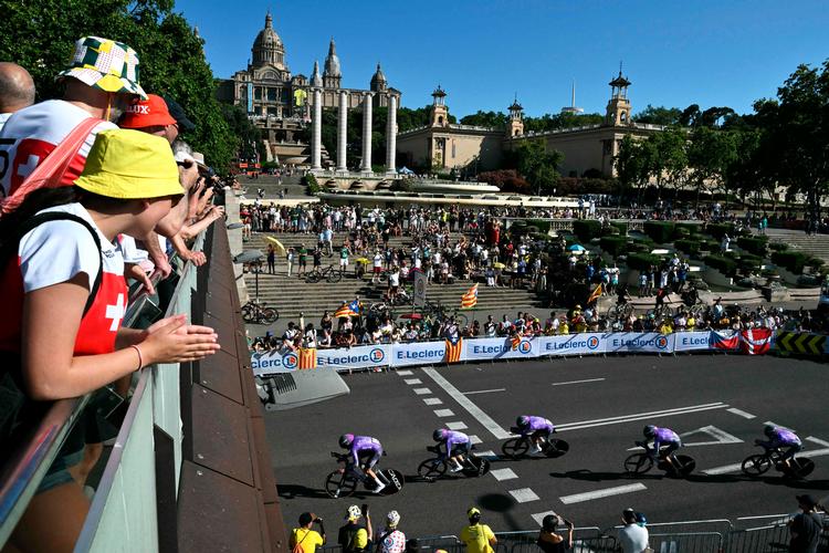 Montjuic-bjerget i Barcelona er også målområde på andendagen af Tour de France. Foto: Jeff Pachoud/Ritzau Scanpix