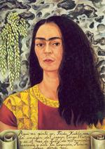 Frida Kahlo trak inspiration fra mange forskellige kanter. Her har hun benyttet et skriftbånd nederst, sådan som det også ses i kristne votiv-malerier. Foto: Frida Kahlo, Self-Portrait with Loose Hair 1946. Private collection