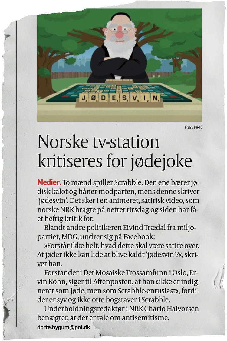 Politiken bragte i juli 2019 to artikler med denne satiriske tegning fra norsk tv som dokumentation. Er det ulovligt? Per Holm Knudsen fra Hammel er blevet tiltalt for at dele et opslag med tegningen på Facebook i 2020.  Illustration:  Klip fra Politikens papiravis 22. juli 2019