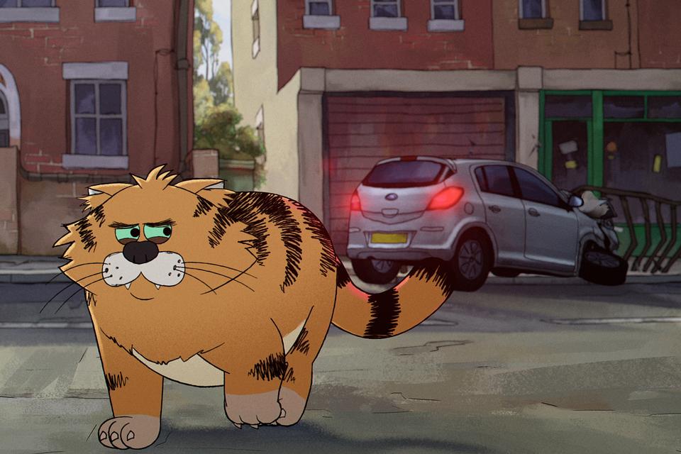 Den voldsomt vrisne og storbandende baggårdskat Gus får naturligvis stemme af Ricky Gervais.  Foto: Netflix 