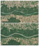 Disse to billeder af Donau-floden nær Wien viser tydeligt forskellen på vandstanden i år og sidste år (nederste billede). Foto: European Union/copernicus Sentin/Ritzau Scanpix