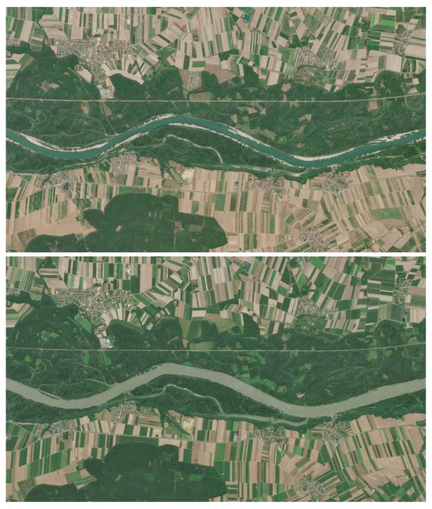 Disse to billeder af Donau-floden nær Wien viser tydeligt forskellen på vandstanden i år og sidste år (nederste billede). Foto: European Union/copernicus Sentin/Ritzau Scanpix