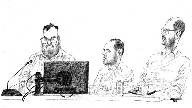 Det endte med et nederlag for den udskældte advokat Flemming Jensen (tv.) samt ejerne bag Velkommen-koncernen Thomas Søgaard-Andersen og Lars Hein i Sø- og Handelsretten i København fredag.  Tegning:  Roald Als