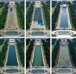 En billedkollage af renoveringen af ​​Reflecting Pool i Washington, D.C. – taget den 2. maj, 28. maj, 7. juni, 12. juni, 16. juni og 18. juni 2026 – som blev malet blå efter ordre fra USA's præsident Donald Trump forud for 250-året for USA's uafhængighed. Foto: Reuters/Ritzau Scanpix