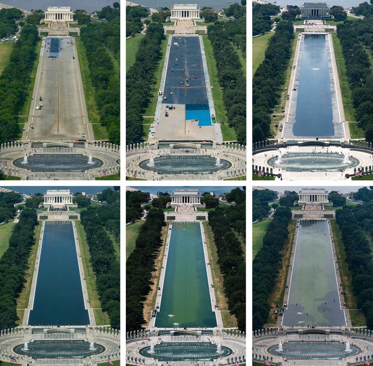 En billedkollage af renoveringen af ​​Reflecting Pool i Washington, D.C. – taget den 2. maj, 28. maj, 7. juni, 12. juni, 16. juni og 18. juni 2026 – som blev malet blå efter ordre fra USA's præsident Donald Trump forud for 250-året for USA's uafhængighed. Foto: Reuters/Ritzau Scanpix