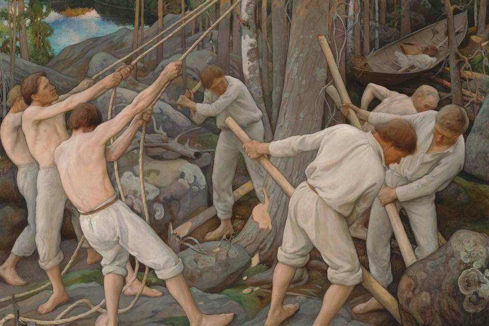 Det monumentale maleri 'Karelens pionerer' fra 1900 viser de arbejdsomme finner, der skover i et område tæt på grænsen mellem Rusland og Finland.  Foto: Kansallisgalleria/Aleks Talve