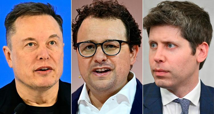 Elon Musk (tv.) og Sam Altman (th.) støtter Anthropic-topchef Dario Amodeis (i midten) opfordring til at sænke farten i ai-kapløbet. Foto: Fabrice Coffrini, Julien De Rosa/Ritzau Scanpix
