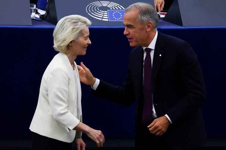 Canadas premierminister Mark Carney var særlig gæst under EU-Kommissionsformand Ursula von der Leyens 'state of the European Union'-tale i EU-Parlamentet onsdag.  Foto: Yves Herman/Ritzau Scanpix