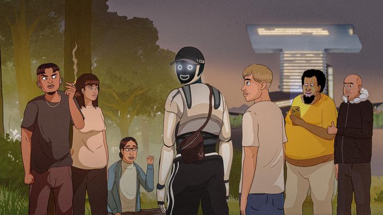 Vennegruppen får omvendt en af de onde robotter, som bliver deres ven og hjælper. Det er på sin vis en kæmpe sci-fi-kliché, men det fungerer faktisk som en sød historie om at være åben for fremmede og invitere dem ind i fællesskabet.  Foto: Gigis