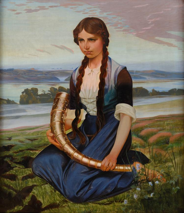 De higer og søger, de to malere Harald og Agnes Slott-Møller, i de gamle nationale fortællinger. Det mente de, der var brug for i begyndelsen af forrige århundrede. Her er det Harald, der har malet 'Pigen der finder Guldhornet' (1906). Pr-foto 