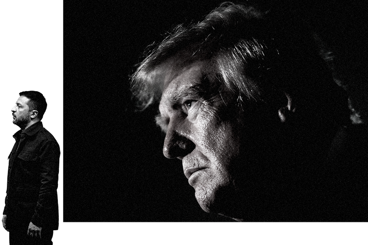 USA's præsident Trump gør tilnærmelser til et Rusland, som har overfaldet Ukraine. Det gør Ukraine til et gidsel i en trumpsk straffeaktion.  Fotocollage Tomas Østergren. Foto: Mads Nissen/Eric Lee/Ritzau Scanpix