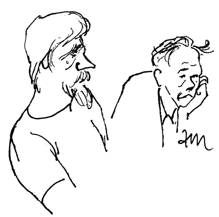 Ken B. Rasmussen og hans forsvarer Christian Kirk Zøllner fra et af efterårets retsmøder.  Illustration  Anne-Marie Steen Petersen 