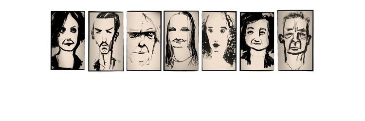 De nominerede i Politikens Claus Nørregaards streg. Fra venstre: Christina Hesselholdt, Peder Frederik Jensen, Peter Laugesen, Merete Pryds Helle, Olga Ravn, Kirsten Thorup og Mich Vraa. 