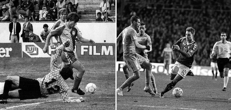 Der er 30 år og nogle måneder mellem disse to sololøb med efterfølgende scoringer: Michael Laudrups mod Uruguay i 1986 og Christian Eriksens mod Kasakhstan i 2016. Fotos: Morten Langkilde og Lars Poulsen. 