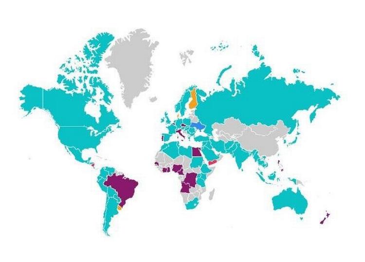 Verdenskortet viser, hvilke klubber der er mest populære i landene. Manchester United (tyrkish) er tydeligt dominerende.
Liverpool har tre gule pletter, Chelsea farver Brasilien og flere afrikanske og europæiske lande lilla, Manchester City gør Yemen og Nicaragua rød, og så er Ukraine ene om at bære Tottenhams blå farve. 