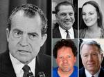 Fem af dem, som tidligere præsidenter har benådet. Fra venstre ses Richard Nixon, Jimmy Hoffa, Roger Clinton (i blå trøje) og Scooter Libbyy.  