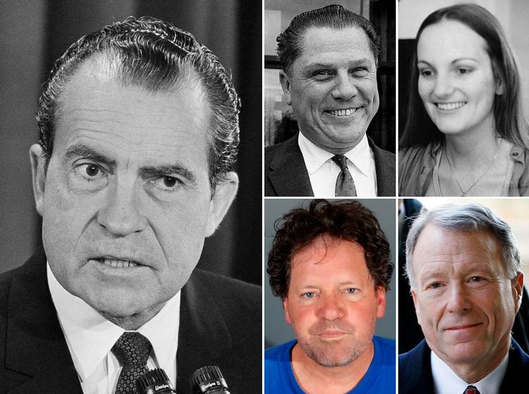 Fem af dem, som tidligere præsidenter har benådet. Fra venstre ses Richard Nixon, Jimmy Hoffa, Roger Clinton (i blå trøje) og Scooter Libbyy.  