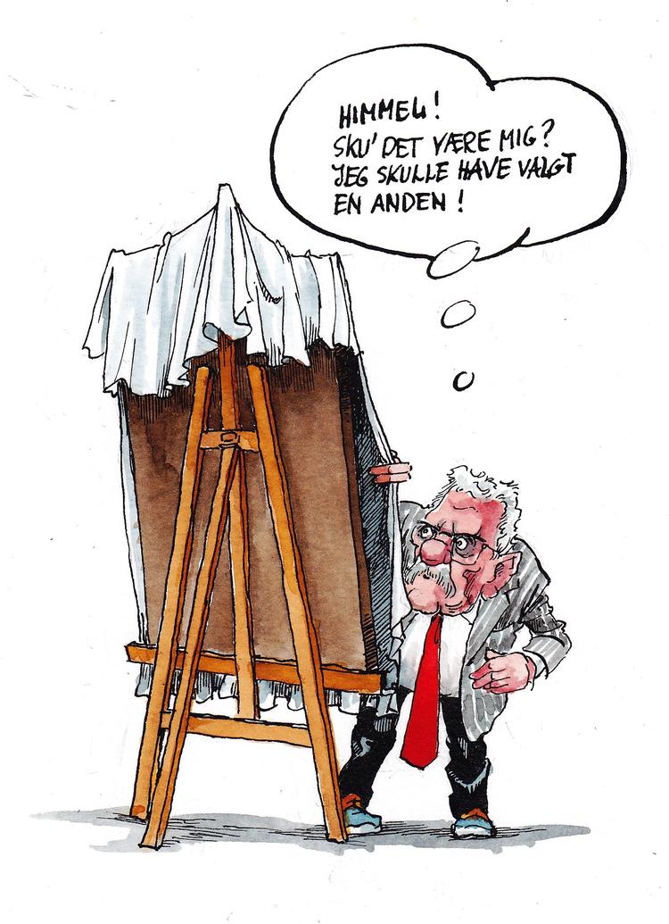 Billedet af Mogens Lykketoft har været færdigt i omkring et år. Det har været et tidskrævende arbejde. Blandt andet tog det en hel dag at male Lykketofts ene kind, fortæller Roald Als, der også har tegnet i dagens anledning. 