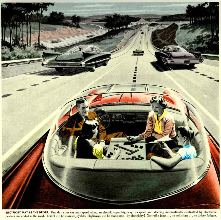 En vintagereklame for førerløse biler som fremtidens køretøj. trykt i Saturday Evening Post i 1950'erne Fra The Everett Collection Everett Collection The