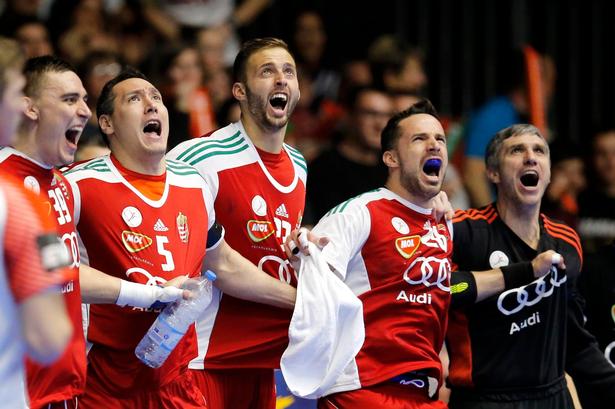 Glade ungarnske spillere efter sejren er i hus. Foto: Jens Dresling 