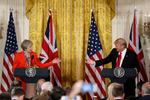 USAs præsident, Donald Trump, og Storbritanniens premierminister, Theresa May, i fælles pressemøde i Det Hvide Hus i Washington. (AP Photo/Pablo Martinez Monsivais) 