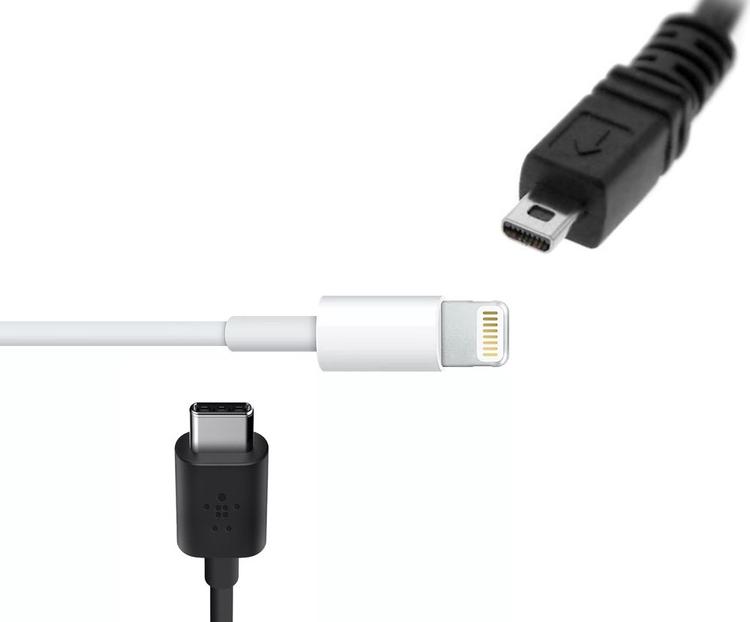. Apple vil nu prøve at bygge bro mellem deres Lightning-stik (i midten) og USB-C (nederst) via indførelsen af en tredje standard, det gamle UAC-stik (øverst).  