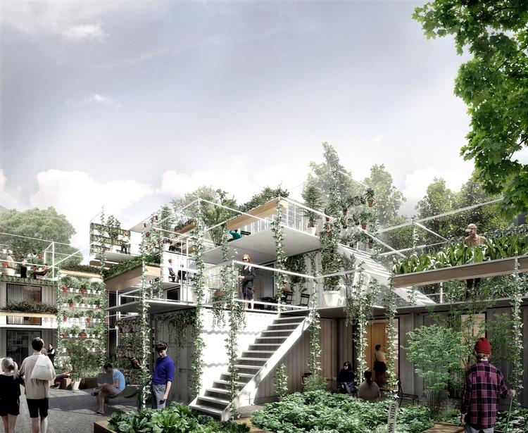 HJEMLØSE PÅ NR. 69. Sådan er containerlandsbyen for hjemløse skitseret på Jagtvej 69 af initiativtagerne. Men projektet møder modstand. Illustration: WE Architecture    