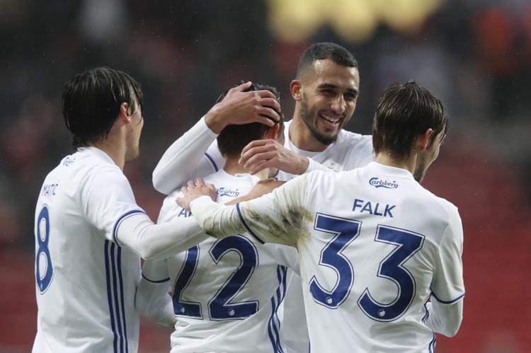 FCK-spillerne er vant til at juble i Parken. Her er det Uros Matic, Youssef Toutouh og Rasmus Falk, der gratulerer Peter Ankersen efter en scoring. de er givetvis alle fire med fra start mod Ajax i aften  