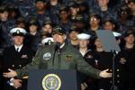Torsdag holdt præsident Trump tale på et nybygget hangarskib om de øgede bevillinger til forsvaret. Men den historie druknede i afsløringerne af justitsminister Jeff Sessions usandheder.  