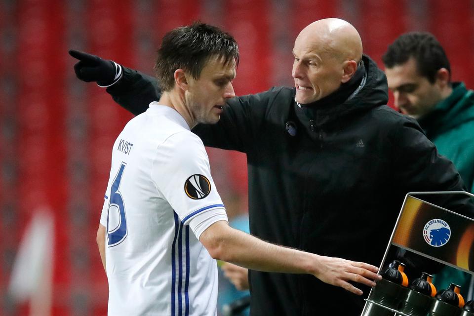 Europa League 1/8-finale i Parken: FCK - Ajax. FCKs William Kvist og Cheftræner Ståle Solbakken. 