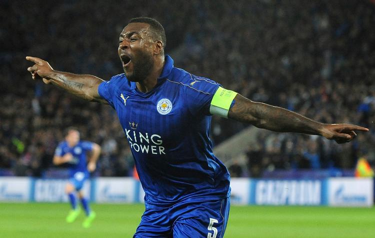  Wes Morgan i jubel efter sin scoring til 1-0.  