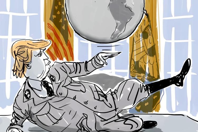 Donald Trump taler ind i drømmen om den stærke leder, der kan genskabe den tabte nationale storhed og det nationale sammenhold. Tegning: Mette Dreyer