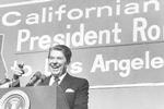 Præsident Ronald Reagan taler ved et møde på Pierce College i Woodland Hills, Los Angeles. 5. november, 1984 