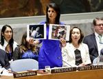 Nikki Haley, USA's FN-ambassadør, viser billeder af de syriske ofre for kemiske angreb i Sikkerhedsrådet. 