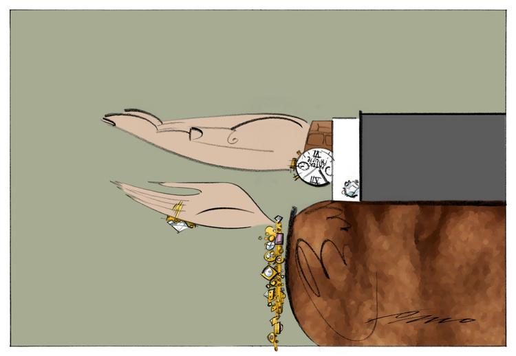 Rubrik: Krævementaliteten
Billedtekst: Skibsredere sejler under bekvemmelighedsflag, kongehuset får lønforhøjelse, landbrugs-, fiskeri- og industrifyrster på støtteordninger kræver gratis sortglaserede teglsten på herregården. Det er overklassen, der sætter 'over' i 'overførselsindkomst'.
Kreditering: Tegning: Per Marquard Otzen
 Arkivtegning Per Marquard Otzen