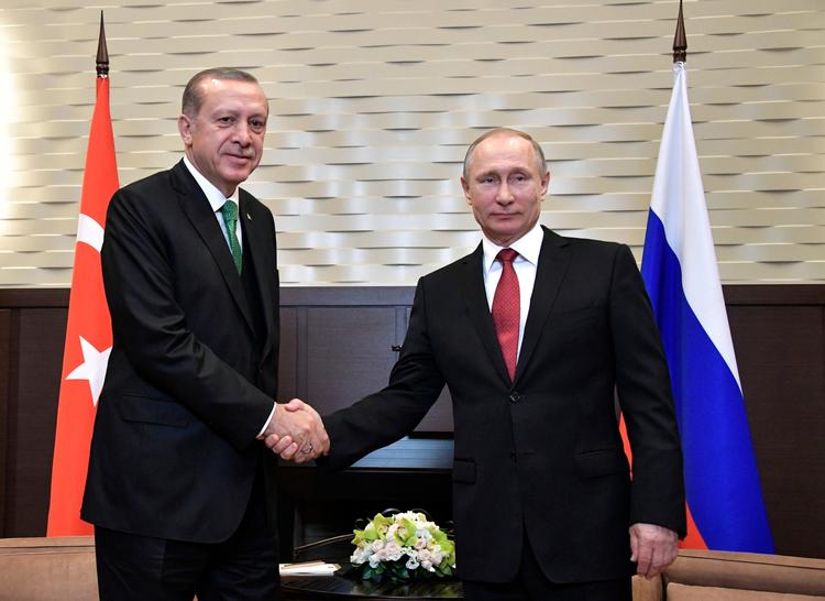Ruslands præsident  Vladimir Putin og hans tyrkiske kollega Recep Tayyip Erdogan. 
