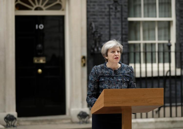 Theresa May på  pressemødet foran Downing Street 10 onsdag eftermiddag. 