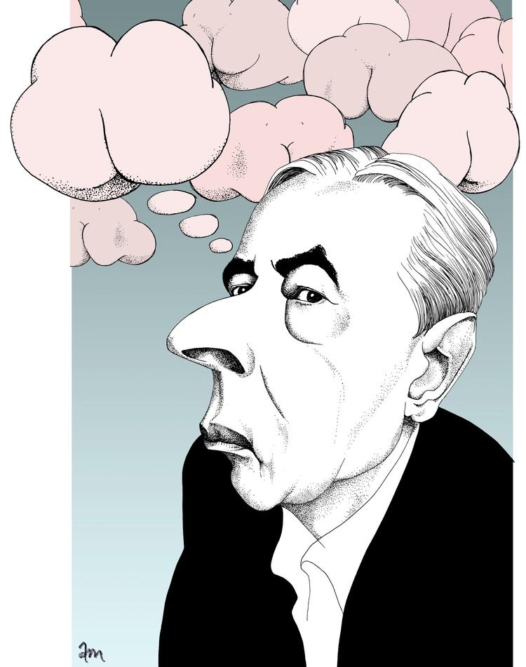 Den polske forfatter Witold Gombrowicz.  Arkivtegning Anne-Marie Steen Petersen 