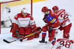 VM-debutaten George Sørensen stod en god kamp mod Rusland gennem to perioder, men til slut måtte den danske målmand bøje sig fra de russiske skytter. 