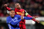 Patrick Mtiliga har været med på hjemmebane i Farum til at hente en del point mod FCK's favoritter. Her er han (i rødt) i en duel med FCK's Mathias 'Zanka' Jørgensen, der nu spiller i Huddersfield 