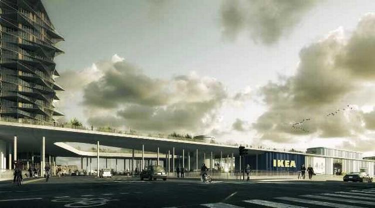 Sådan kommer Dybbølsbro med det nye Ikea-varehus og Kaktustårnene til at se ud set fra Fisketorvet-siden. Illustration: Dorte Mandrup/Luxigon