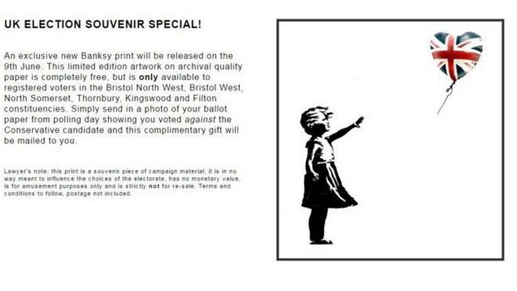 Et unikt og gratis print af værket 'Pige med ballon' var det streetartisten Banksy tilbød britiske vælgere, hvis de undlod at stemme konservativt på torsdag.   