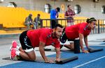 Martin Braithwaite sammen med Yussuf Poulsen på træningsbanen i Almaty. 