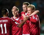 De 3 danske målscorere Christian Eriksen (tv.), Nicolai Jørgensen og Kasper Dolberg efter Dolbergs mål til 3-1. 