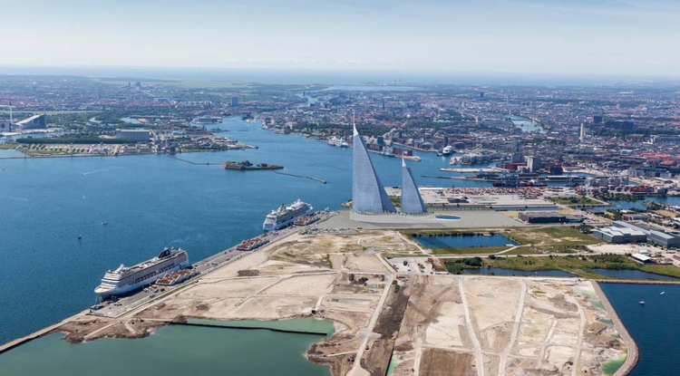To projekter kæmper om at bygge højhuse i det samme område i Københavns Nordhavn. Her ses en visualisering af et af projekterne, Great Northern-projektet.  