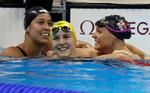 I OL-finalen i 50 meter fri vandt Pernille Blume (th.) over blandt andre australieren Cate Campbell (i midten), der var verdensrekordholder i 100 meter fri og blev nummer 5, og den forsvarende mester, hollænderen Ranomi Kromowidjojo (tv.), der blev nummer 6. 